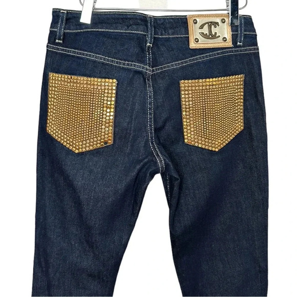 JUST CAVALLI Gold Stud Embellished Jeans Dark Wash Statement Slim Leg Jeans, 28 - Picture 8 of 16